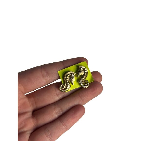 Vintage Gold Tone Seahorse Earrings with Rhinestone Accents – Set of 2 - Picture 1 of 4